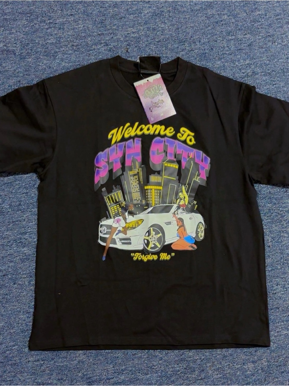 Welcome To Synth City Graphic Tee - Black with Purple & Yellow Print
